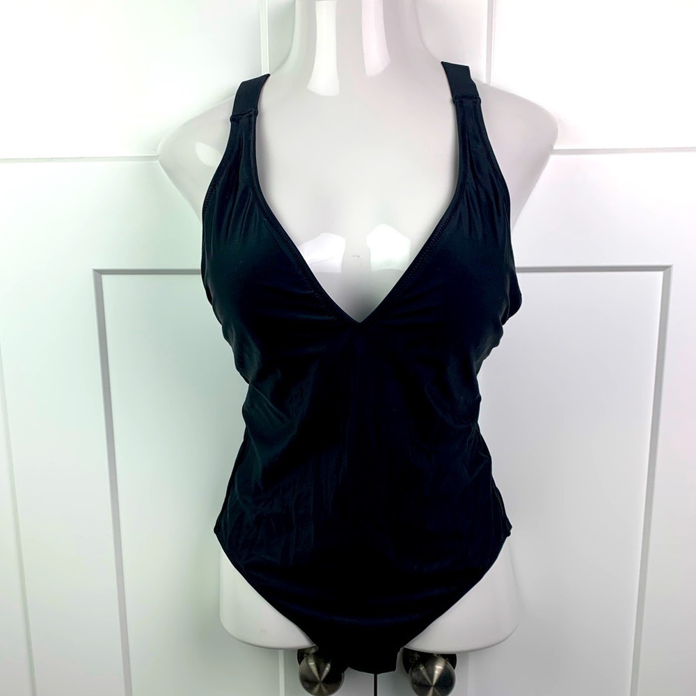 NWT J Crew Size 10 High support cross back one piece Black V Neck Strappy Open